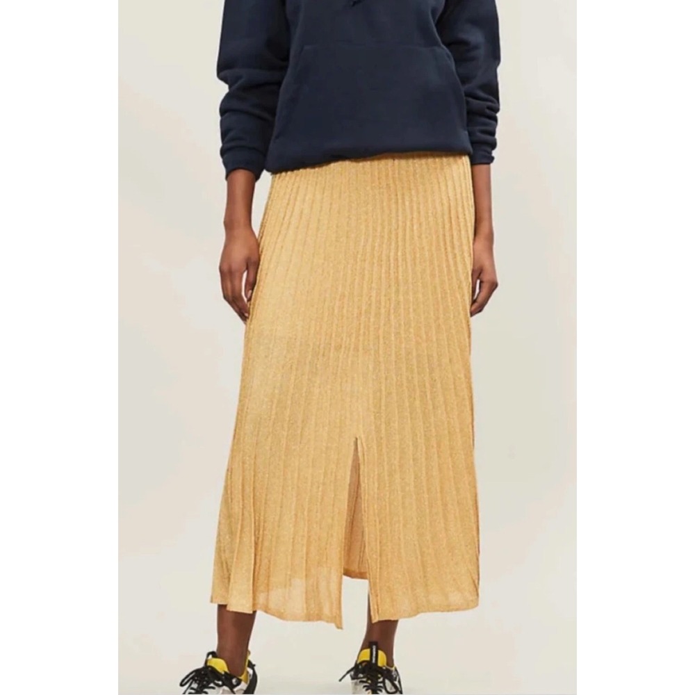 Sandro Paris Gold Metallic Pleated Midi Skirt Side Slit Knit Size 2 - Picture 2 of 9